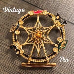 Vintage Goldtone Ferris Wheel Pin with Cars & Trains